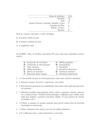 Nome do artilheiro          Gols
                                                 Ronaldo           15
                                                      Pel´
                                                         e         12
                Ademir Menezes, Jairzinho, Rivaldo e Vav´a         9
                                        Leˆnidas da Silva
                                           o                       8
                                         Bebeto e Careca           7
                                                 Rivelino          6

Pede-se, calcule e interprete o valor calculado:

a. O n´mero m´dio de gols.
      u      e

b. O n´mero mediano de gols.
      u

c. A amplitude total.



16 (I/2006). Fa¸a as devidas associa¸˜es.(2% para cada item assinalado correta-
               c                    co
mente).


         A   Coeﬁciente de correla¸˜o
                                  ca               G    M´dia geogr´ﬁca
                                                          e           a
         B   Coeﬁciente de determina¸ao
                                      c˜           H    Extrapola¸ao
                                                                   c˜
         C   Valor mediano                          I   Estat´ıstica
         D   M´dia harmˆnica
              e          o                         J    Estat´ıstica Descritiva
         E   Desvio da regress˜o
                              a                    K    Variˆncia amostral
                                                            a
         F   Regress˜o linear simples
                    a                              L    Estat´ıstica Inferencial

(   ) Uma medida do grau de associa¸ao linear entre duas vari´veis aleat´rias.
                                   c˜                        a          o

(   ) Somente resumir, descrever e apresentar, sem inferir.

(   ) Percentual ou propor¸ao da variabilidade observada sendo explicada pelo mod-
                          c˜
      elo ajustado.

(   ) M´todos cient´
        e             ıﬁcos para planejar coleta, coletar, organizar, resumir, apresen-
      tar e analisar dados. Tamb´m inclui princ´
                                   e               ıpios e deﬁni¸oes para validar resul-
                                                                c˜
      tados das an´lises e permitir conclus˜es v´lidas. E
                    a                         o     a       ´ uma mistura de ciˆncia,
                                                                                  e
      tecnologia e arte.

(   ) Utilizar a equa¸ao ou modelo ajustado para prever valores fora do intervalo
                     c˜
      investigado ou amostrado.

(   ) Mede a dispers˜o dos valores em torno da m´dia aritm´tica.
                    a                           e         e

(     ´
    ) E a diferen¸a entre o valor observado e o estimado.
                 c

                                           8
 