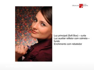 Luz principal (Soft Box) – curta Luz auxiliar refletor com colméia – fundo Enchimento com rebatedor 