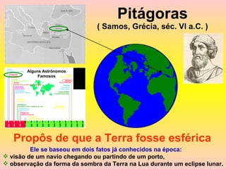 Pitágoras ( Samos, Grécia, séc. VI a.C. ) Propôs de que a Terra fosse esférica Ele se baseou em dois fatos já conhecidos na época:  visão de um navio chegando ou partindo de um porto, observação da forma da sombra da Terra na Lua durante um eclipse lunar. 