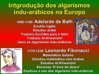 Intgrodução dos algarismos indu-arábicos na Europa 1090-1150:  Adelardo de Bath Erudito inglês Estudou árabe Traduziu Euclides para o latim Traduziu Al-Khwarizmi Usou os algarismos indu-arábicos 1170-1230:  Leonardo Fibonacci Matemático italiano Estudou matemática com árabes Estudou Al-Khwarizmi Escreveu 'O livro do ábaco' Explicou o uso dos algarismo indu-arábicos Fibonacci 