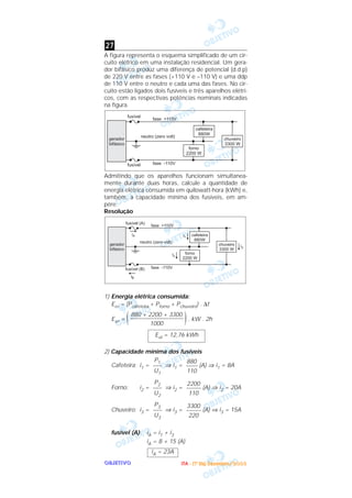 OOOOBBBBJJJJEEEETTTTIIIIVVVVOOOO
A figura representa o esquema simplificado de um cir-
cuito elétrico em uma instalação residencial. Um gera-
dor bifásico produz uma diferença de potencial (d.d.p)
de 220 V entre as fases (+110 V e –110 V) e uma ddp
de 110 V entre o neutro e cada uma das fases. No cir-
cuito estão ligados dois fusíveis e três aparelhos elétri-
cos, com as respectivas potências nominais indicadas
na figura.
Admitindo que os aparelhos funcionam simultanea-
mente durante duas horas, calcule a quantidade de
energia elétrica consumida em quilowatt-hora (kWh) e,
também, a capacidade mínima dos fusíveis, em am-
pére.
Resolução
1) Energia elétrica consumida:
Eel = (Pcafeteira + Pforno + Pchuveiro) . ∆t
Eel = ( ). kW . 2h
2) Capacidade mínima dos fusíveis
Cafeteira: i1 = ⇒ i1 = (A) ⇒ i1 = 8A
Forno: i2 = ⇒ i2 = (A) ⇒ i2 = 20A
Chuveiro: i3 = ⇒ i3 = (A) ⇒ i3 = 15A
fusível (A): iA = i1 + i3
iA = 8 + 15 (A)
iA = 23A
3300
–––––
220
P3
–––
U3
2200
–––––
110
P2
–––
U2
880
––––
110
P1
–––
U1
Eel = 12,76 kWh
880 + 2200 + 3300
––––––––––––––––––
1000
27
IIIITTTTAAAA ---- ((((1111ºººº DDDDiiiiaaaa)))) DDDDeeeezzzzeeeemmmmbbbbrrrroooo////2222000000003333
 
