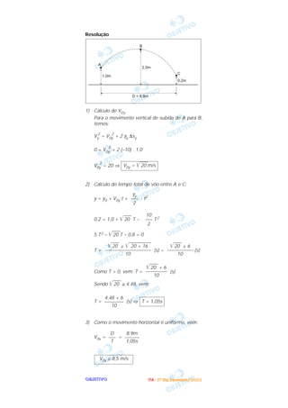 OOOOBBBBJJJJEEEETTTTIIIIVVVVOOOO
Resolução
1) Cálculo de V0y
Para o movimento vertical de subida de A para B,
temos:
Vy
2
= V0y
2
+ 2 γy ∆sy
0 = V0y
2
+ 2 (–10) . 1,0
V0y
2
= 20 ⇒
2) Cálculo do tempo total de vôo entre A e C:
y = y0 + V0y t + . t2
0,2 = 1,0 + ͙ළළළළළ20 T – . T2
5 T2 – ͙ළළළළළ20 T – 0,8 = 0
T = (s) = (s)
Como T > 0, vem: T = (s)
Sendo ͙ළළළළළ20 ≅ 4,48, vem:
T = (s) ⇒
3) Como o movimento horizontal é uniforme, vem:
V0x = =
V0x ≅ 8,5 m/s
8,9m
––––––
1,05s
D
–––
T
T = 1,05s
4,48 + 6
––––––––
10
͙ළළළළළ20 + 6
–––––––––
10
͙ළළළළළ20 ± 6
–––––––––––
10
͙ළළළළළ20 ± ͙ළළළළළළළළළළළළළළ20 + 16
–––––––––––––––––––
10
10
–––
2
γy
–––
2
V0y = ͙ළළළළළ20 m/s
IIIITTTTAAAA ---- ((((1111ºººº DDDDiiiiaaaa)))) DDDDeeeezzzzeeeemmmmbbbbrrrroooo////2222000000003333
 