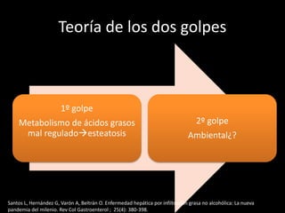 Teoría de los dos golpes
1º golpe
Metabolismo de ácidos grasos
mal reguladoesteatosis
2º golpe
Ambiental¿?
Santos L, Hernández G, Varón A, Beltrán O. Enfermedad hepática por infiltración grasa no alcohólica: La nueva
pandemia del milenio. Rev Col Gastroenterol ; 25(4): 380-398.
 