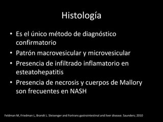Histología
• Es el único método de diagnóstico
confirmatorio
• Patrón macrovesicular y microvesicular
• Presencia de infiltrado inflamatorio en
esteatohepatitis
• Presencia de necrosis y cuerpos de Mallory
son frecuentes en NASH
Feldman M, Friedman L, Brandt L. Sleisenger and Fortrans gastrointestinal and liver disease. Saunders; 2010
 