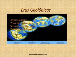 Eras Geológicas

-   Arcaica o Azoica
-   Primaria o Paleozóica
-   Secundaria o Mesozoica
-   Terciaria o Cenozoica




                    Esteban Arias Murcia 9-4
 