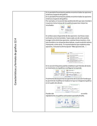 Característicasyformatodegrafico12.4
En la pestañaPresentaciónpodrásencontrartodaslasopciones
relativasal aspectodel gráfico.
En la pestañaPresentaciónpodrásencontrartodaslasopciones
relativasal aspectodel gráfico.
Por ejemplo,enlasecciónEjespodrásdecidirque ejesmostraro
si quieresincluirLíneasde lacuadrícula para leermejorlos
resultados:
En amboscasos dispondrásde dosopciones:laslíneasoejes
verticalesyloshorizontales.Ypara cada unode ellospodrás
escogerentre distintasopciones:cuántaslíneasmostrar,si los
ejestendránono etiquetasdescriptivas,oqué escalade valores
manejarán,entre otras.Te recomendamosque exploresestas
opciones,inclusivelaúltimaopción"Másopcionesde...".
En la secciónEtiquetaspodrásestablecerqué literalesde texto
se mostrarán enel gráficoo configurarla Leyenda
Finalmentedestacaremoslasopcionesde lasecciónFondoque
te permitiránmodificarel modoenel que se integraráel gráfico
enel cuadro de cálculo.
Puedesdar un estilo
rápidamente atu gráficoutilizandolapestañaDiseño.
 