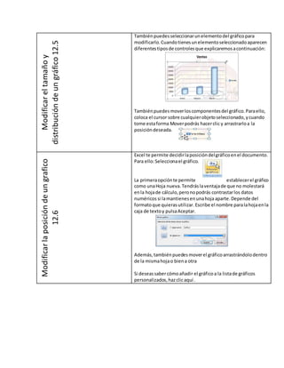 Modificareltamañoy
distribucióndeungráfico12.5
Tambiénpuedesseleccionarunelementodel gráficopara
modificarlo.Cuandotienesunelementoseleccionadoaparecen
diferentestiposde controlesque explicaremosacontinuación:
Tambiénpuedesmoverloscomponentesdel gráfico.Paraello,
coloca el cursor sobre cualquierobjetoseleccionado,ycuando
tome estaforma Moverpodrás hacerclic y arrastrarloa la
posicióndeseada.
Modificarlaposicióndeungrafico
12.6
Excel te permite decidirlaposicióndelgráficoenel documento.
Para ello:Seleccionael gráfico.
La primeraopciónte permite establecerel gráfico
como unaHoja nueva.Tendráslaventajade que no molestará
enla hojade cálculo,peronopodrás contrastarlos datos
numéricos si lamantienesenunahoja aparte.Depende del
formatoque quierasutilizar.Escribe el nombre paralahojaenla
caja de textoy pulsaAceptar.
Además,tambiénpuedesmoverel gráficoarrastrándolodentro
de la mismahojao biena otra
Si deseassabercómoañadir el gráficoa la listade gráficos
personalizados,hazclicaquí .
 