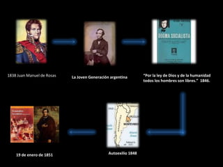 1838 Juan Manuel de Rosas La Joven Generación argentina “ Por la ley de Dios y de la humanidad todos los hombres son libres.”  1846. Autoexilio 1848 19 de enero de 1851 