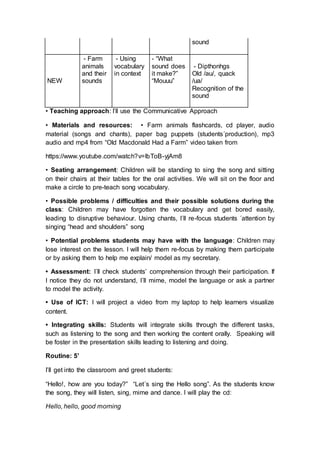 sound
NEW
- Farm
animals
and their
sounds
- Using
vocabulary
in context
- “What
sound does
it make?”
“Mouuu”
- Dipthonhgs
Old /au/, quack
/ua/
Recognition of the
sound
• Teaching approach: I’ll use the Communicative Approach
• Materials and resources: • Farm animals flashcards, cd player, audio
material (songs and chants), paper bag puppets (students´production), mp3
audio and mp4 from “Old Macdonald Had a Farm” video taken from
https://www.youtube.com/watch?v=lbToB-yjAm8
• Seating arrangement: Children will be standing to sing the song and sitting
on their chairs at their tables for the oral activities. We will sit on the floor and
make a circle to pre-teach song vocabulary.
• Possible problems / difficulties and their possible solutions during the
class: Children may have forgotten the vocabulary and get bored easily,
leading to disruptive behaviour. Using chants, I´ll re-focus students ´attention by
singing “head and shoulders” song
• Potential problems students may have with the language: Children may
lose interest on the lesson. I will help them re-focus by making them participate
or by asking them to help me explain/ model as my secretary.
• Assessment: I´ll check students’ comprehension through their participation. If
I notice they do not understand, I´ll mime, model the language or ask a partner
to model the activity.
• Use of ICT: I will project a video from my laptop to help learners visualize
content.
• Integrating skills: Students will integrate skills through the different tasks,
such as listening to the song and then working the content orally. Speaking will
be foster in the presentation skills leading to listening and doing.
Routine: 5’
I’ll get into the classroom and greet students:
“Hello!, how are you today?” “Let´s sing the Hello song”. As the students know
the song, they will listen, sing, mime and dance. I will play the cd:
Hello, hello, good morning
 