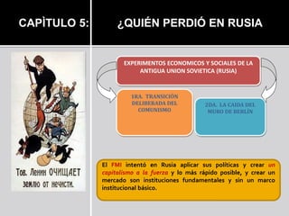 CAPÌTULO 5: ¿QUIÉN PERDIÓ EN RUSIA 
EXPERIMENTOS ECONOMICOS Y SOCIALES DE LA 
ANTIGUA UNION SOVIETICA (RUSIA) 
2DA. LA CAIDA DEL 
MURO DE BERLÍN 
1RA. TRANSICIÓN 
DELIBERADA DEL 
COMUNISMO 
El FMI intentó en Rusia aplicar sus políticas y crear un 
capitalismo a la fuerza y lo más rápido posible, y crear un 
mercado son instituciones fundamentales y sin un marco 
institucional básico. 
 