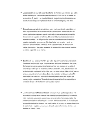 La colocación de una foto en el Escritorio: Un hombre que entendía que había
La colocación de una foto en el Escritorio: Un hombre que entendía que había
estado reviviendo la culpabilidad de su abuelo colocó una foto de su abuelo en
su escritorio. Él respiró y se visualizó dejando los sentimientos de culpa con su
abuelo. Cada vez que se repite este ritual, se sentía más ligero y más libre.
Encendiendo una vela: Una mujer cuyo padre murió cuando ella era un bebé no
Encendiendo una vela: Una mujer cuyo padre murió cuando ella era un bebé no
tenía ningún recuerdo de él. Distanciada de su marido a los veintinueve años, la
misma edad que su padre era cuando murió, ella inconscientemente compartida
desconexión de su padre de la familia. Ella encendió una vela todas las noches
durante dos meses y se imaginó que la llama de la vela encendida una abertura
para los dos de ellos para reunirse. Ella iba a hablar con su padre y sentir su
presencia la reconfortante. Al final del ritual, sus sentimientos de desconexión
habían disminuido, y una nueva sensación de ser atendidos por un padre amoroso
se habían expandido en su interior.
Escribiendo una carta: Un hombre que había dejado bruscamente su novia de la
Escribiendo una carta: Un hombre que había dejado bruscamente su novia de la
universidad encontró que sigue luchando en sus relaciones veinte años más tarde.
Se había enterado de que su novia había muerto el año después de su salida. A
pesar de que sabía que no recibiría su carta, que escribió a ella, disculpándose por
su descuido y la indiferencia. En la carta, dijo: “Lo siento mucho. Sé lo mucho que me
amabas, y cuánto te he hecho daño. Debe haber sido tan terrible para usted. Me
siento tanto. Sé que nunca seré capaz de entregar esta carta, pero espero que
puedan recibir mis palabras.”Después de escribir esta carta, el hombre sintió una
sensación de paz y de finalización que no podía explicar.
La colocación de una foto de arriba de la cama: Una mujer que había pasado su vida
La colocación de una foto de arriba de la cama: Una mujer que había pasado su vida
rechazando su madre se dio cuenta de que una separación temprana en una incubadora
había mantenido su sensación sospechosa y cerrar de recibir el amor de su madre. Ella
también comenzó a ver cómo empujar a su madre distancia se convirtió en un modelo para
empujar las relaciones de distancia. Ella grabó una foto de su madre en la pared por encima
de la almohada y le pidió a su madre para abrazarla cada noche mientras dormía, y sus
defensas se suavizó. Como
 