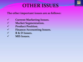 OTHER ISSUES
The other important issues are as follows:
 Current Marketing Issues.
 Market Segmentation.
 Product Position.
 Finance/Accounting Issues.
 R & D Issues.
 MIS Issues.
 
