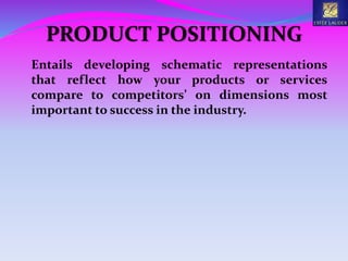 PRODUCT POSITIONING
Entails developing schematic representations
that reflect how your products or services
compare to competitors’ on dimensions most
important to success in the industry.
 
