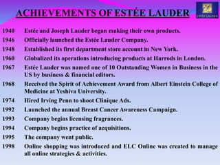 ACHIEVEMENTS OF ESTÉE LAUDER
1940 Estée and Joseph Lauder began making their own products.
1946 Officially launched the Estée Lauder Company.
1948 Established its first department store account in New York.
1960 Globalized its operations introducing products at Harrods in London.
1967 Estée Lauder was named one of 10 Outstanding Women in Business in the
US by business & financial editors.
1968 Received the Spirit of Achievement Award from Albert Einstein College of
Medicine at Yeshiva University.
1974 Hired Irving Penn to shoot Clinique Ads.
1992 Launched the annual Breast Cancer Awareness Campaign.
1993 Company begins licensing fragrances.
1994 Company begins practice of acquisitions.
1995 The company went public.
1998 Online shopping was introduced and ELC Online was created to manage
all online strategies & activities.
 