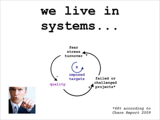 we live in
systems...
         fear
        stress
       turnover +


              R

   -       imposed
           targets     failed or
 quality               challenged
                     + projects*




                               *68% according to
                               Chaos Report 2009
 