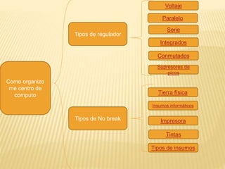 Como organizo 
me centro de 
computo 
Tipos de regulador 
Tipos de No break 
Voltaje 
Paralelo 
Serie 
Integrados 
Conmutados 
Supresores de 
picos 
Tierra física 
Insumos informáticos 
Impresora 
Tintas 
Tipos de insumos 
 