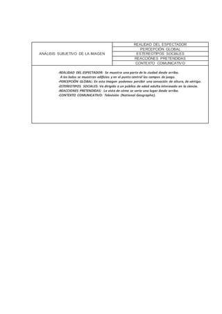 ANÁLISIS SUBJETIVO DE LA IMAGEN
REALIDAD DEL ESPECTADOR
PERCEPCIÓN GLOBAL
ESTEREOTIPOS SOCIALES
REACCIÓNES PRETENDIDAS
CONTEXTO COMUNICATIVO
-REALIDAD DEL ESPECTADOR: Se muestra una parte de la ciudad desde arriba.
A los lados se muestran edificios y en el punto central los campos de juego.
-PERCEPCIÓN GLOBAL: En esta imagen podemos percibir una sensación de altura, de vértigo.
-ESTEREOTIPOS SOCIALES: Va dirigido a un público de edad adulta interesado en la ciencia.
-REACCIONES PRETENDIDAS: La vista de cómo se vería una lugar desde arriba.
-CONTEXTO COMUNICATIVO: Televisión (National Geographic).
 