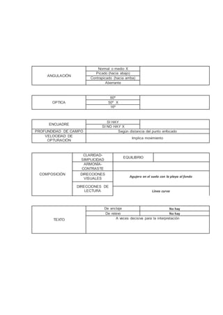ANGULACIÓN
Normal o medio X
Picado (hacia abajo)
Contrapicado (hacia arriba)
Aberrante
OPTICA
60º
50º X
16º
ENCUADRE
SI HAY
SI NO HAY X
PROFUNDIDAD DE CAMPO Según distancia del punto enfocado
VELOCIDAD DE
OPTURACIÓN
Implica movimiento
COMPOSICIÓN
CLARIDAD-
SIMPLICIDAD
EQUILIBRIO
ARMONÍA-
CONTRASTE
DIRECCIONES
VISUALES
Agujero en el suelo con la playa al fondo
DIRECCIONES DE
LECTURA Línea curva
TEXTO
De anclaje No hay
De relevo No hay
A veces decisiva para la interpretación
 