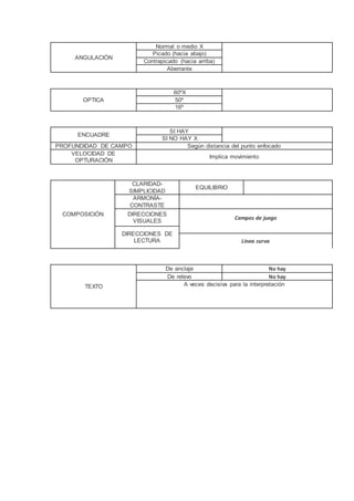 ANGULACIÓN
Normal o medio X
Picado (hacia abajo)
Contrapicado (hacia arriba)
Aberrante
OPTICA
60ºX
50º
16º
ENCUADRE
SI HAY
SI NO HAY X
PROFUNDIDAD DE CAMPO Según distancia del punto enfocado
VELOCIDAD DE
OPTURACIÓN
Implica movimiento
COMPOSICIÓN
CLARIDAD-
SIMPLICIDAD
EQUILIBRIO
ARMONÍA-
CONTRASTE
DIRECCIONES
VISUALES
Campos de juego
DIRECCIONES DE
LECTURA Línea curva
TEXTO
De anclaje No hay
De relevo No hay
A veces decisiva para la interpretación
 