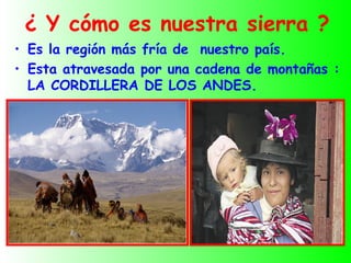 ¿ Y cómo es nuestra sierra ?
• Es la región más fría de nuestro país.
• Esta atravesada por una cadena de montañas :
  LA CORDILLERA DE LOS ANDES.
 