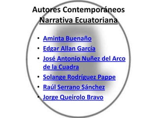 Autores ContemporáneosNarrativa EcuatorianaAmintaBuenañoEdgar Allan GarcíaJosé Antonio Nuñez del Arco de la CuadraSolange Rodríguez PappeRaúl Serrano SánchezJorge Queirolo Bravo