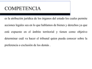 COMPETENCIA
es la atribución jurídica de los órganos del estado los cuales permite
acciones legales sea en lo que hablamos de bienes y derechos ya que
está expuesto en el ámbito territorial y tienen como objetivo
determinar cuál va hacer el tribunal quien pueda conocer sobre la
preferencia o exclusión de los demás .
 