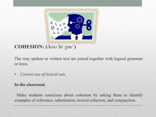 COHESION: (/koʊˈhi·ʒən/ ) 
The way spoken or written text are joined together with logical grammar 
or lexis. 
• Correct use of lexical sets. 
In the classroom 
Make students conscious about cohesion by asking them to identify 
examples of reference, substitution, lexical cohesion, and conjunction. 
 