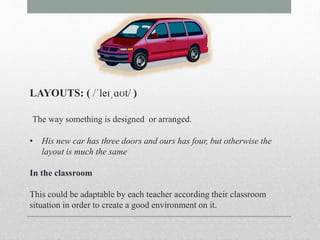 LAYOUTS: ( /ˈleɪˌɑʊt/ ) 
The way something is designed or arranged. 
• His new car has three doors and ours has four, but otherwise the 
layout is much the same 
In the classroom 
This could be adaptable by each teacher according their classroom 
situation in order to create a good environment on it. 
 