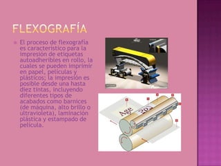    El proceso de flexografía
    es característico para la
    impresión de etiquetas
    autoadheribles en rollo, la
    cuales se pueden imprimir
    en papel, películas y
    plásticos; la impresión es
    posible desde una hasta
    diez tintas, incluyendo
    diferentes tipos de
    acabados como barnices
    (de máquina, alto brillo o
    ultravioleta), laminación
    plástica y estampado de
    película.
 