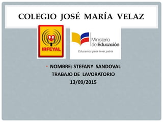 COLEGIO JOSÉ MARÍA VELAZ
• NOMBRE: STEFANY SANDOVAL
TRABAJO DE LAVORATORIO
13/09/2015
 