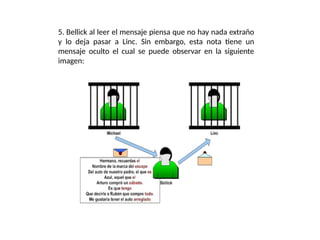 5. Bellick al leer el mensaje piensa que no hay nada extraño
y lo deja pasar a Linc. Sin embargo, esta nota tiene un
mensaje oculto el cual se puede observar en la siguiente
imagen:
 