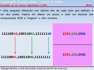 Esteganografia em meios digitais – arquivos de imagem
Inserção no bit menos significativo (LSB)                                (#3/4)

  Uma pequena alteração nos últimos bits de cada byte que definem a
cor dos pixels, implica em alterar um pouco o valor em decimal dos
componentes RGB e "engana" o olho humano.




    11110010,10011001,11111110                           (242,153,254)




                                                         (241,152,255)
11110001,10011000,11111111


Esteganografia: a arte de ocultar arquivos dentro de arquivos
 