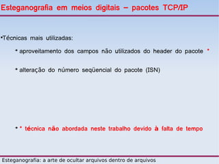 Esteganografia em meios digitais – pacotes TCP/IP


Técnicas mais utilizadas:




     ➔
         aproveitamento dos campos não utilizados do header do pacote *

     ➔
         alteração do número seqüencial do pacote (ISN)




     ➔
         * técnica não abordada neste trabalho devido à falta de tempo




Esteganografia: a arte de ocultar arquivos dentro de arquivos
 