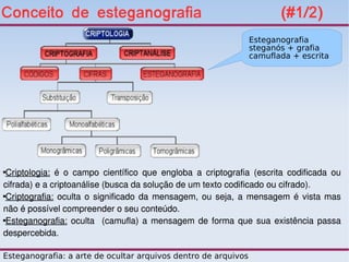 Conceito de esteganografia                                                    (#1/2)
                                                                     Esteganografia
                                                                     steganós + grafia
                                                                     camuflada + escrita





 Criptologia:  é  o  campo  científico  que  engloba  a  criptografia  (escrita  codificada  ou 
cifrada) e a criptoanálise (busca da solução de um texto codificado ou cifrado).

 Criptografia:  oculta  o  significado  da  mensagem,  ou  seja,  a  mensagem  é  vista  mas 
não é possível compreender o seu conteúdo.

 Esteganografia:  oculta    (camufla)  a  mensagem  de  forma  que  sua  existência  passa 
despercebida. 

Esteganografia: a arte de ocultar arquivos dentro de arquivos
 
