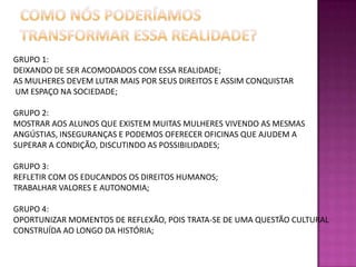 Como nós poderíamos transformar essa realidade?GRUPO 1: DEIXANDO DE SER ACOMODADOS COM ESSA REALIDADE;AS MULHERES DEVEM LUTAR MAIS POR SEUS DIREITOS E ASSIM CONQUISTAR UM ESPAÇO NA SOCIEDADE;GRUPO 2:MOSTRAR AOS ALUNOS QUE EXISTEM MUITAS MULHERES VIVENDO AS MESMASANGÚSTIAS, INSEGURANÇAS E PODEMOS OFERECER OFICINAS QUE AJUDEM ASUPERAR A CONDIÇÃO, DISCUTINDO AS POSSIBILIDADES;GRUPO 3:REFLETIR COM OS EDUCANDOS OS DIREITOS HUMANOS;TRABALHAR VALORES E AUTONOMIA;GRUPO 4:OPORTUNIZAR MOMENTOS DE REFLEXÃO, POIS TRATA-SE DE UMA QUESTÃO CULTURALCONSTRUÍDA AO LONGO DA HISTÓRIA;