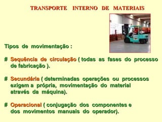 TRANSPORTE INTERNO DE MATERIAIS




Tipos de movimentação :

# Sequência de circulação ( todas as fases do processo
  de fabricação ).

# Secundária ( determinadas operações ou processos
  exigem a própria, movimentação do material
  através da máquina).

# Operacional ( conjugação dos componentes e
  dos movimentos manuais do operador).
 