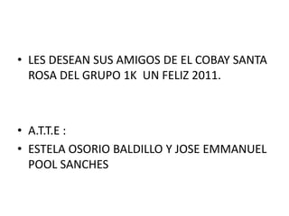 LES DESEAN SUS AMIGOS DE EL COBAY SANTA ROSA DEL GRUPO 1K UN FELIZ 2011.A.T.T.E :ESTELA OSORIO BALDILLO Y JOSE EMMANUEL POOL SANCHES