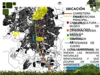 UBICACIÓNCARRETERA PANAMERICANACALLE PRINCIPAL-CENTROCASA DE CULTURA – MUSEO DE ARQUEOLOGIACATEDRAL-IGLESIA CATOLICAPARQUE CENTRALTABACALERASARTESANIAS DE CUERO (TALABARTERIAS)A ESTOS ATRACTIVOS SE ANEXAN LAS RESERVAS NATURALES YA MENCIONADAS Y QUE OCUPAN UN LUGAR IMPORTANTE EN LA CARACTERIZACION DE LA CIUDAD Y EL DEPARTAMENTO MISMO.