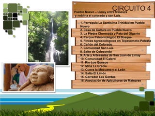 CIRCUITO 4Pueblo Nuevo – Limay entre frescura y neblina el colorado y san Luis.1. Parroquia La Santísima Trinidad en Pueblo Nuevo2. Casa de Cultura en Pueblo Nuevo3. La Piedra Chorreada y Pata del Gigante4. Parque Paleontológico El Bosque5. Fincas Agroecológicas en Tepesomoto-Patasta6. Cañón del Colorado7. Comunidad San Luis8. Salto de Colocondo9. Arte y Artesanías de San Juan de Limay10. Comunidad El Calero11. Río Los Quesos12. Mina La Grecia13. Cueva la Mocuana y el León14. Salto El Limón15. Corredor Las Gordas16. Asociación de Apicultores de Mateares