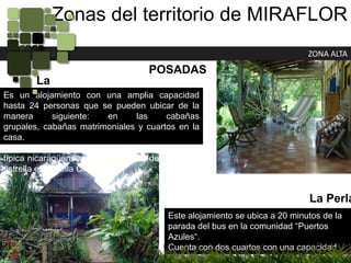 Zonas del territorio de MIRAFLORZONA ALTAPOSADASLa SonadaEs un alojamiento con una amplia capacidad hasta 24 personas que se pueden ubicar de la manera siguiente: en las cabañas grupales, cabañas matrimoniales y cuartos en la casa.Este lugar se caracteriza por la excelente cocina típica nicaragüense que ofrece. Uno de los platos estrella es la “Olla Criolla“.La PerlaEste alojamiento se ubica a 20 minutos de la parada del bus en la comunidad “Puertos Azules“.Cuenta con dos cuartos con una capacidad para ubicar hasta seis personas.