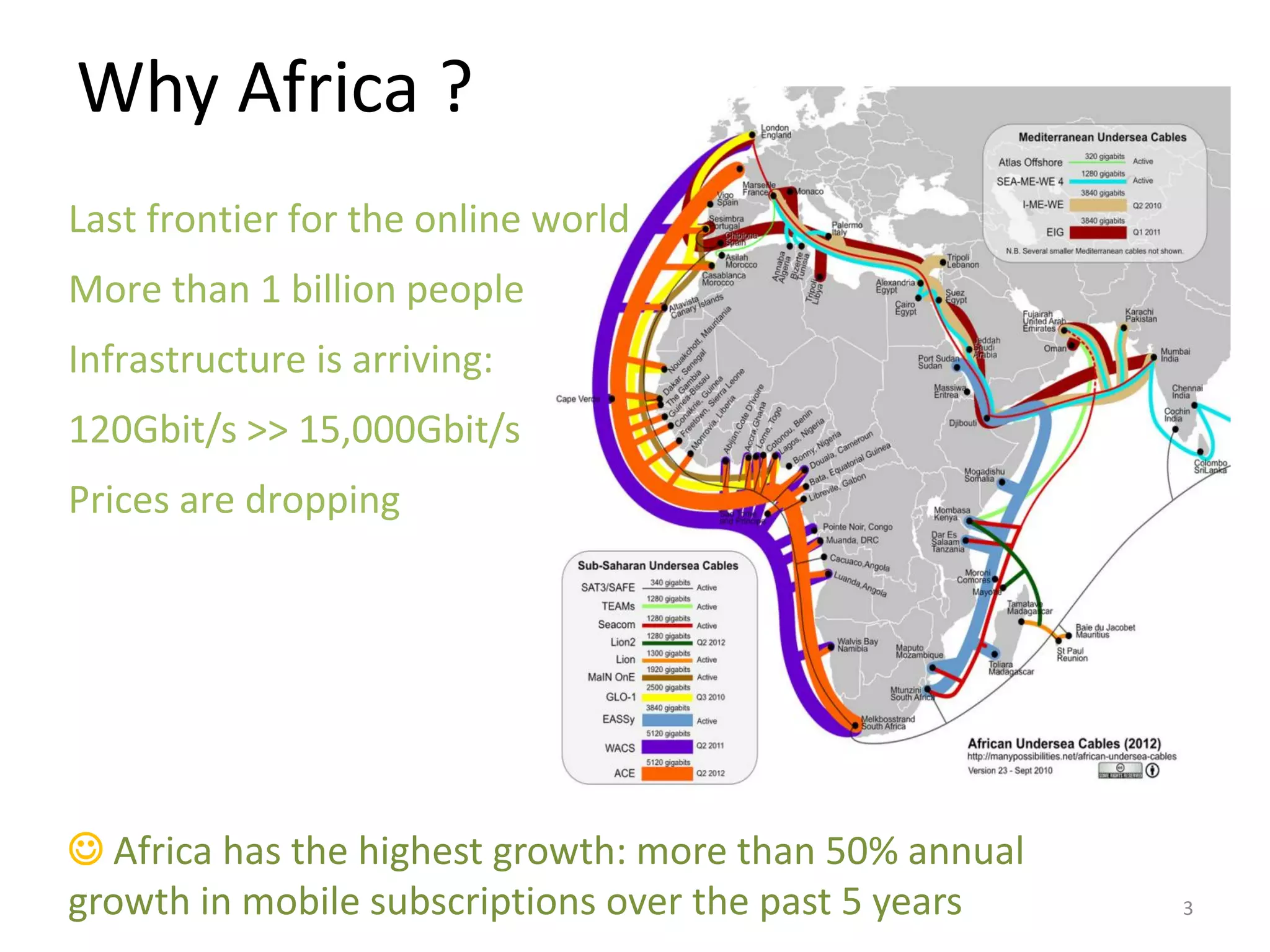 Why Africa ?
Last frontier for the online world
More than 1 billion people
Infrastructure is arriving:
120Gbit/s >> 15,000Gbit/s
Prices are dropping




 Africa has the highest growth: more than 50% annual
growth in mobile subscriptions over the past 5 years    3
 