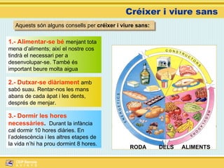 Créixer i viure sans Aquests són alguns consells per  créixer i viure sans: 1.- Alimentar-se bé  menjant tota mena d’aliments; així el nostre cos tindrà el necessari per a desenvolupar-se. També és important beure molta aigua 2.- Dutxar-se diàriament  amb sabó suau. Rentar-nos les mans abans de cada àpat i les dents, després de menjar. 3.- Dormir les hores necessàries .  Durant la infància cal dormir 10 hores diàries. En l’adolescència i les altres etapes de la vida n’hi ha prou dormint 8 hores. RODA  DELS  ALIMENTS  