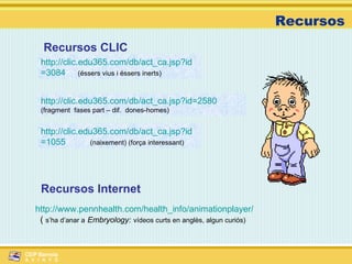 http ://clic.edu365.com/ db /act_ ca.jsp ? id =3084   (éssers vius i éssers inerts) http ://clic.edu365.com/ db /act_ ca.jsp ? id =1055   (naixement) (força interessant) http ://clic.edu365.com/ db /act_ ca.jsp ? id =2580   (fragment  fases part – dif.  dones-homes) Recursos  Recursos CLIC Recursos Internet http://www.pennhealth.com/health_info/animationplayer/ (  s’ha d’anar a   Embryology:   vídeos curts en anglès, algun curiós) 