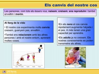 Els canvis del nostre cos Al llarg de la vida : El nostre cos experimenta molts  canvis : creixem, guanyem pes, envellim …  També ens  relacionem  amb les altres persones i amb el nostre entorn, aprenent moltes coses. Les   persones, com tots els éssers vius,  naixem ,  creixem ,  ens reproduïm  i també envellim i  morim . En els  nens  el cos canvia ràpidament:augmenta l’alçada i el pes. A més tenen una gran capacitat per aprendre. Els  adults  ja no creixem. Els nostres coneixements es poden transmetre als altres.  