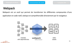 Webpack
16
Webpack est un outil qui permet de transformer les différentes composantes d’une
application en code natif, statique et compréhensible directement par le navigateur.
La Syntaxe JSX
Philosophie de React Environnement de travail
 