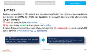 Mr. JADLI AISSAM 23
Limites
Puisque nous utilisons JSX, qui est une extension JavaScript, nous limitons donc certaines
des normes du HTML. Les mots clés JavaScript ne peuvent donc pas être utilisés dans
JSX, par exemple :
 class est remplacé par className
 for dans la tag <label> est remplacé par htmlFor
De plus, les commentaires ne sont plus écrits comme <!-- comment --> , mais sont plutôt
écrits comme {/* comment */} {// comment}
La Syntaxe JSX
Philosophie de React Environnement de travail
 