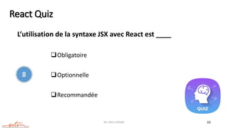Mr. JADLI AISSAM 33
React Quiz
L’utilisation de la syntaxe JSX avec React est ____
Obligatoire
Optionnelle
Recommandée
8
 