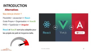 INTRODUCTION
Mr. JADLI AISSAM 7
Alternatives
Que dois-je choisir ?
Flexibilité + Javascript => React
Code Propre + Organisation => VueJS
POO + TypeScript => Angular
React et VueJS sont plus adaptés pour
les projets de petit et moyenne taille.
 