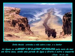 Então Moisés estendeu a mão sobre o mar, e o Senhor
arrastou o mar e o tornou em terra seca...As águas se dividiram e os israelitas atravessaram pelo meio do mar
em terra seca, sendo uma parede de água a direita e outra a esquerda
( Êxodo 14: 21- 22)
 