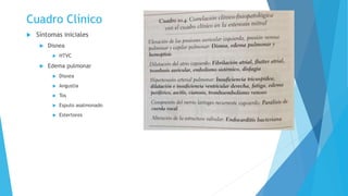 Cuadro Clínico 
 Síntomas iniciales 
 Disnea 
 HTVC 
 Edema pulmonar 
 Disnea 
 Angustia 
 Tos 
 Esputo asalmonado 
 Estertores 
 
